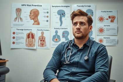 Férfi a rendelőben, HPV fertőzés megelőzéséről és tüneteiről tanul.