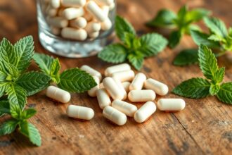 Szimetikon kapszulák friss menta levelek között, puffadás ellen.