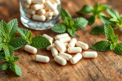 Szimetikon kapszulák friss menta levelek között, puffadás ellen.