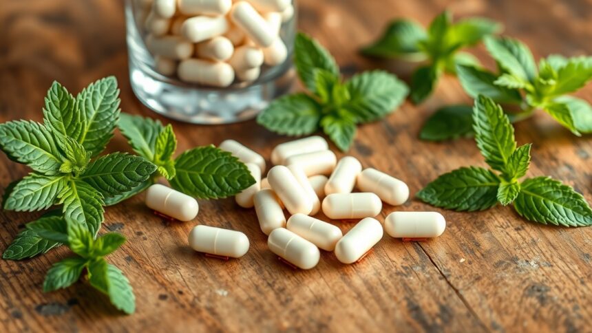 Szimetikon kapszulák friss menta levelek között, puffadás ellen.
