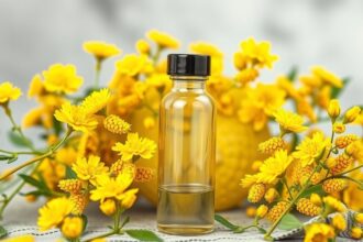 Aranyvessző kivonat üvegpalack virágokkal díszítve