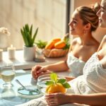 Két nő relaxál egy wellness környezetben szilíciummal és egészséges italokkal.