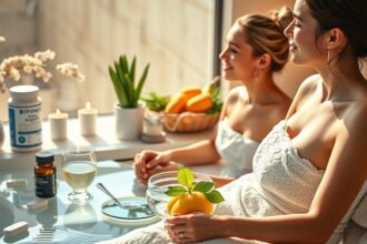 Két nő relaxál egy wellness környezetben szilíciummal és egészséges italokkal.