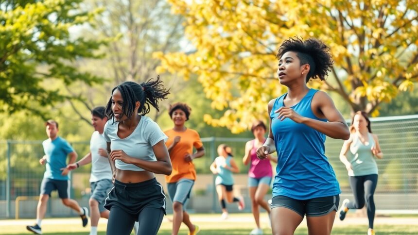 Futó emberek a természetben, sport és egészség javítása