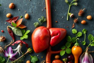 Epe egészséget támogató gyógynövények és ételek egy színes elrendezésben.