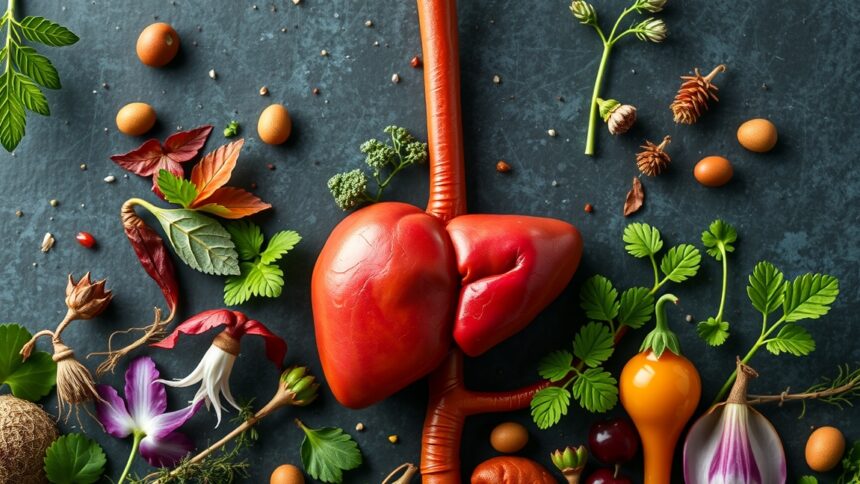 Epe egészséget támogató gyógynövények és ételek egy színes elrendezésben.