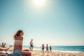 Napsütésben pihenő nő a tengerparton, UV-jótékony hatásokkal