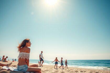 Napsütésben pihenő nő a tengerparton, UV-jótékony hatásokkal