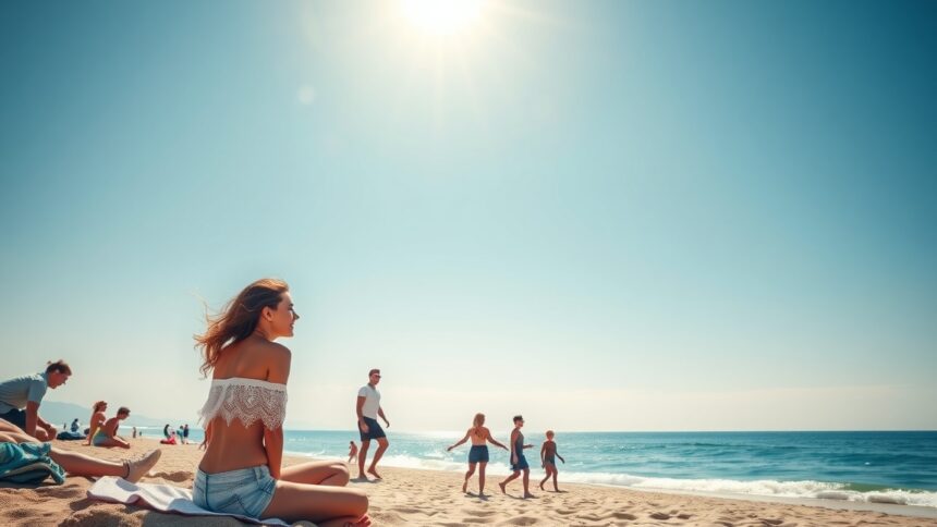 Napsütésben pihenő nő a tengerparton, UV-jótékony hatásokkal