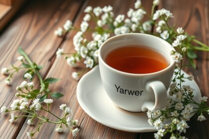 Cickafark tea csésze virágokkal egy fából készült asztalon.