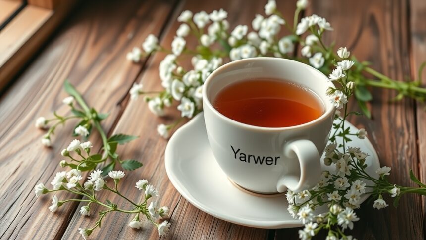 Cickafark tea csésze virágokkal egy fából készült asztalon.