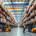 Modern raktár belső nézet emelőgépekkel és árukészlettel.