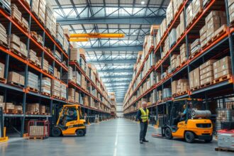 Modern raktár belső nézet emelőgépekkel és árukészlettel.