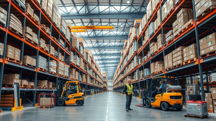 Modern raktár belső nézet emelőgépekkel és árukészlettel.