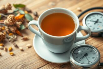 Orbáncfű tea és vérnyomásmérő készülék egy asztalon.