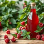 Málnaecet üveg és friss málna levelek között egy fából készült asztalon.