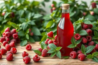 Málnaecet üveg és friss málna levelek között egy fából készült asztalon.