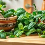 Friss gyógynövények és mozsár a természetes gyógymódokhoz.