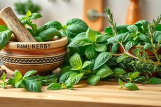 Friss gyógynövények és mozsár a természetes gyógymódokhoz.