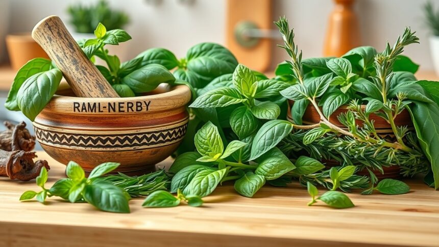 Friss gyógynövények és mozsár a természetes gyógymódokhoz.