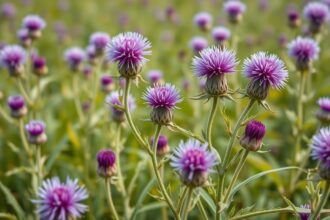 Máriatövis virágai egy zöld mezőben, a természet szépsége.