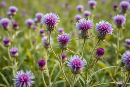 Máriatövis virágai egy zöld mezőben, a természet szépsége.
