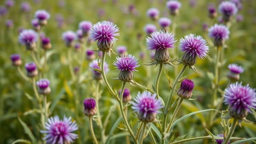 Máriatövis virágai egy zöld mezőben, a természet szépsége.