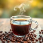 Friss koffeinmentes kávé egy üvegcsészében, kávészemekkel körülvéve.