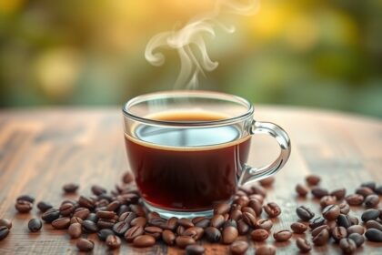 Friss koffeinmentes kávé egy üvegcsészében, kávészemekkel körülvéve.