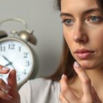 Nő figyelmesen gondolkodik, órával a háttérben, fogamzásgátló és egészségi hatásokról.