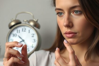 Nő figyelmesen gondolkodik, órával a háttérben, fogamzásgátló és egészségi hatásokról.