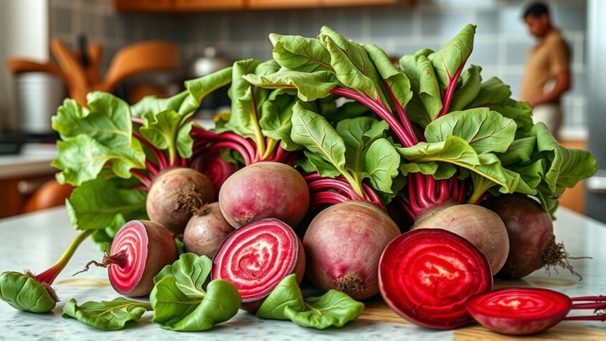 Friss céklák és levelek tápláló egészségügyi előnyökkel