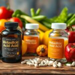 Metakovasav és friss zöldségek, gyümölcsök háttérrel