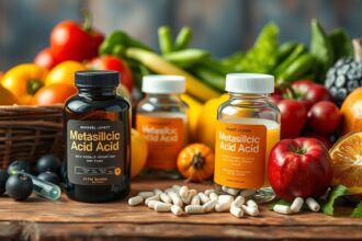 Metakovasav és friss zöldségek, gyümölcsök háttérrel