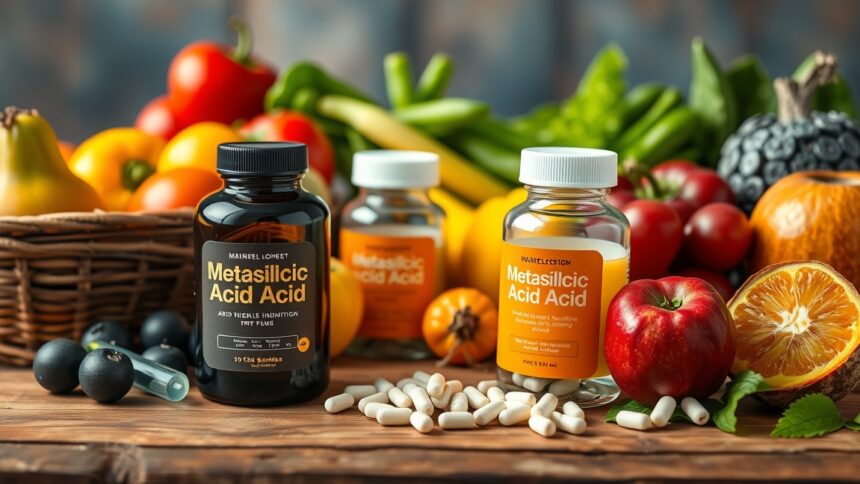 Metakovasav és friss zöldségek, gyümölcsök háttérrel