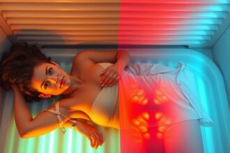 Nő használ egy szoláriumot, hogy gyorsan barnuljon.