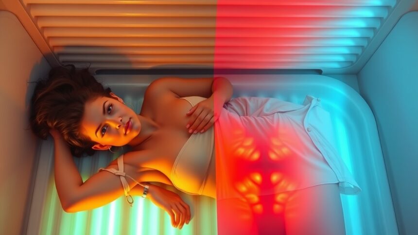 Nő használ egy szoláriumot, hogy gyorsan barnuljon.