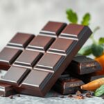 Fekete csokoládé táblák zöldfűszerekkel és zöldségekkel.