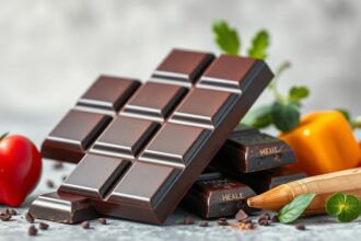 Fekete csokoládé táblák zöldfűszerekkel és zöldségekkel.