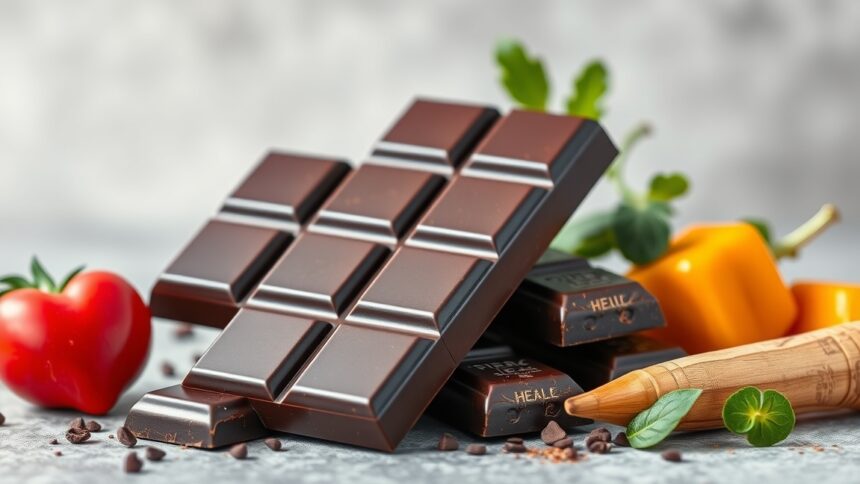 Fekete csokoládé táblák zöldfűszerekkel és zöldségekkel.