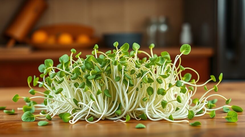 Friss lucernacsíra a konyhapulton, egészséges táplálék.