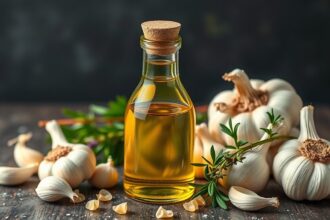 Fokhagymaolaj üvegpalack friss fokhagymával és zöld fűszerekkel.