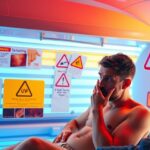 Férfi a szoláriumban, figyelmeztető táblákkal a falon.