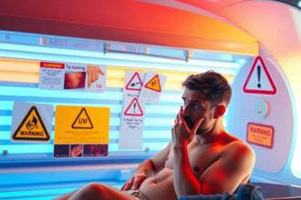 Férfi a szoláriumban, figyelmeztető táblákkal a falon.