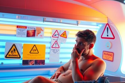 Férfi a szoláriumban, figyelmeztető táblákkal a falon.