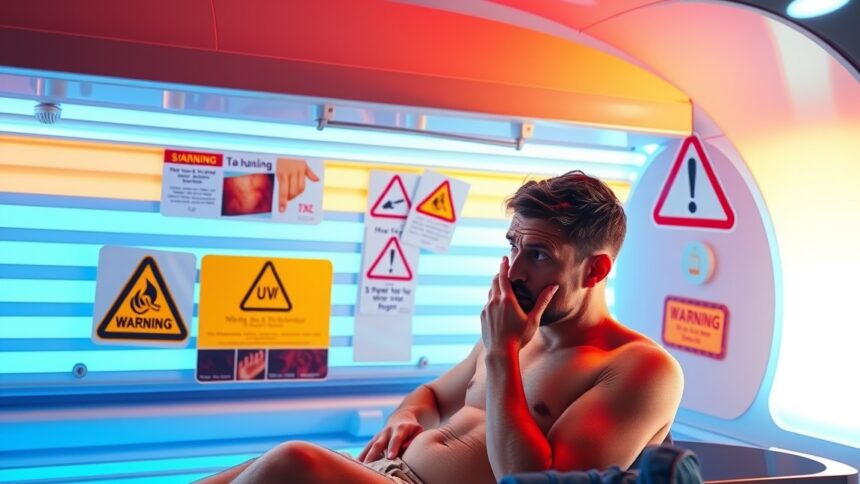 Férfi a szoláriumban, figyelmeztető táblákkal a falon.