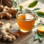 Friss gyömbértea citrommal, gyömbérgyökérrel és zöld levelekkel díszítve.