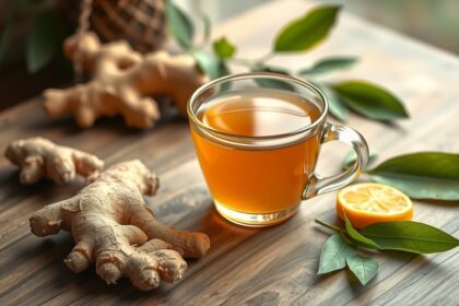 Friss gyömbértea citrommal, gyömbérgyökérrel és zöld levelekkel díszítve.