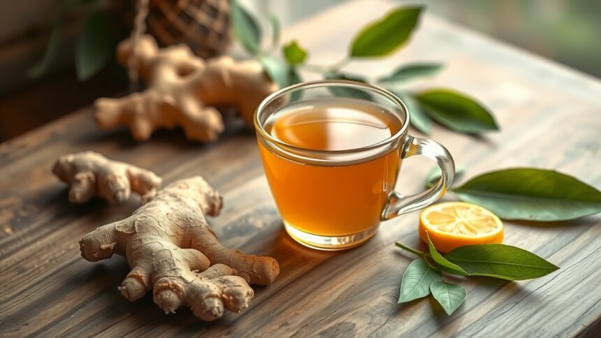 Friss gyömbértea citrommal, gyömbérgyökérrel és zöld levelekkel díszítve.