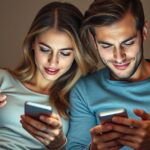 Pár telefonokkal a kezükben, közösen használják a Facebookot.